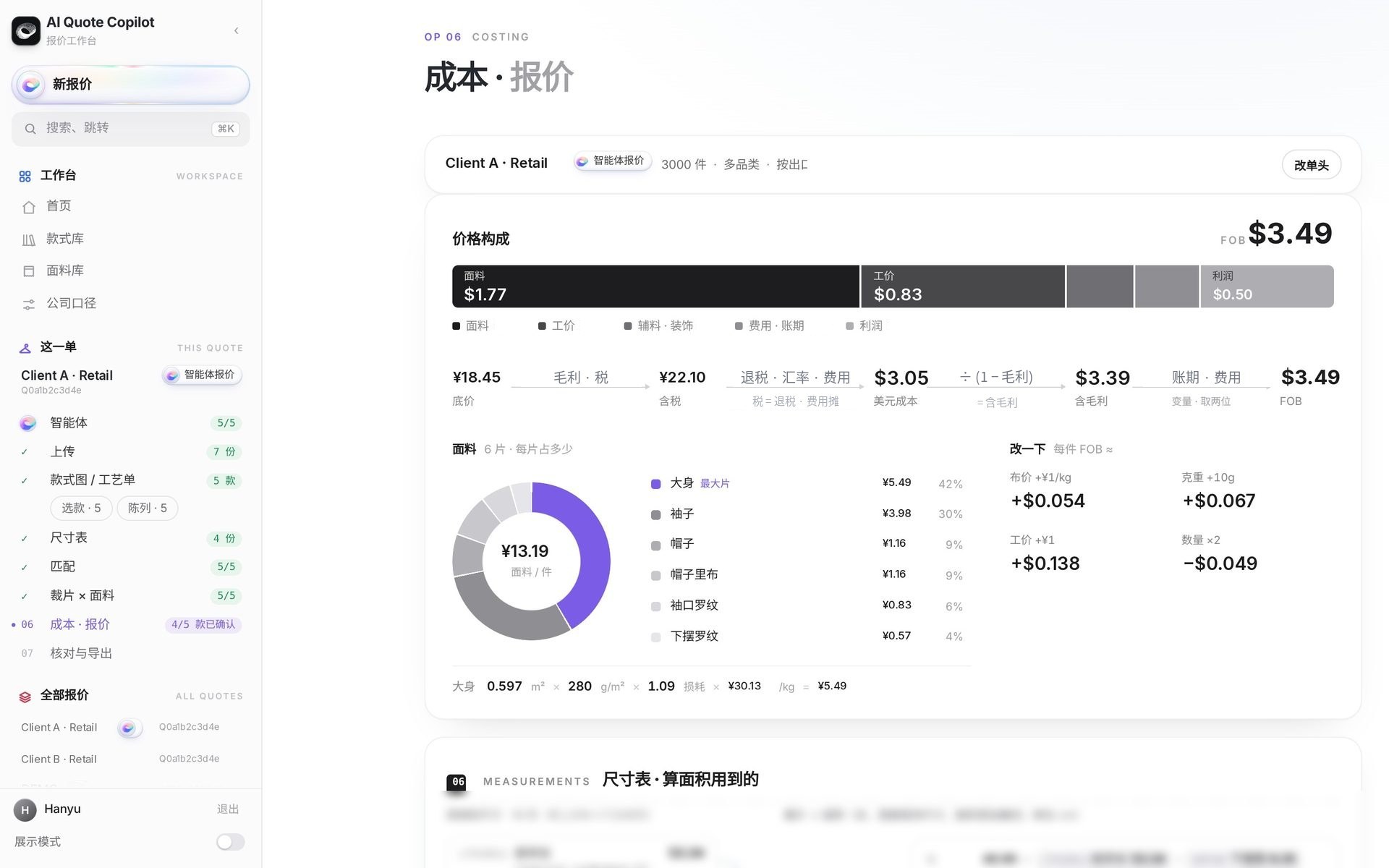 Costing: price composition bar, the five steps from base cost to FOB, fabric share donut and sensitivity